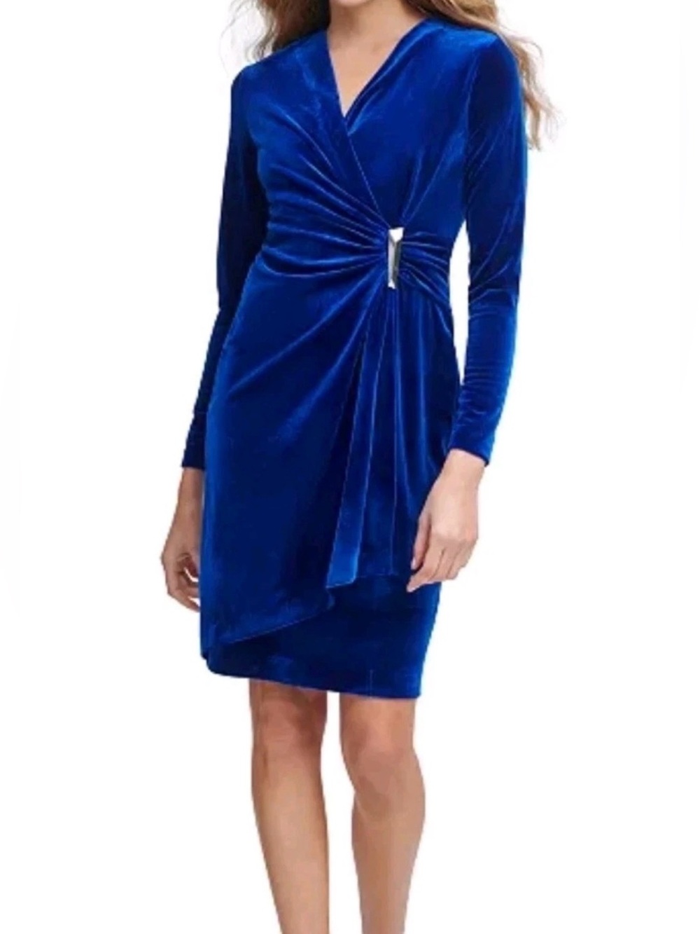 Calvin Klein Royal Blue Velvet Wrap-Detail Long Sleeve Dress 8